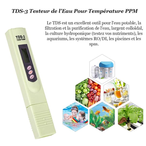LCD TDS - 3 meter för dricksvattenkvalitet - Digital testare - Temperatur PPM testpenna analysator för mätning av dricksvatten - Hydroponik - 3 M