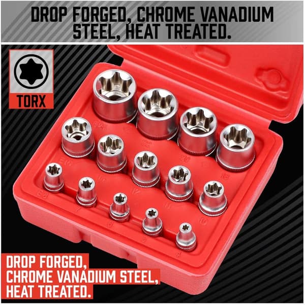 14-dele topnøglesæt - Premium udvendigt Torx topnøglesæt, Ultimate Torque Star topnøgler, udvendige Torx topnøgler, E4 E5 E6 E7 E8 E10 E11 E12