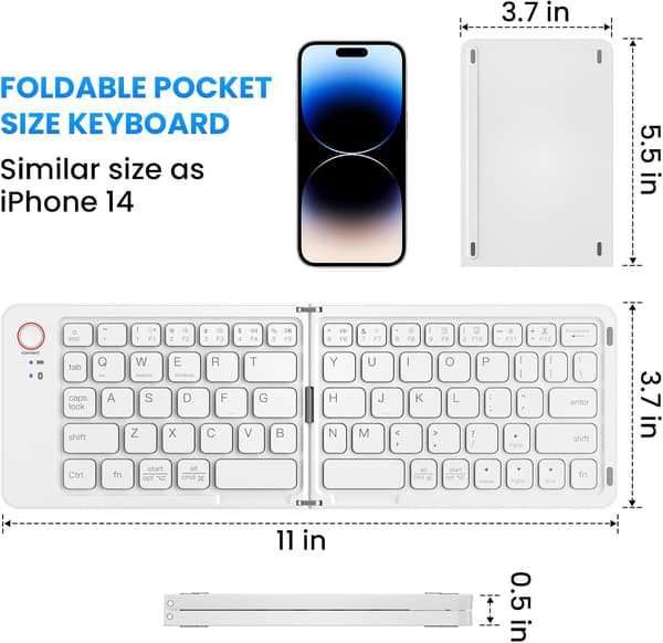 Mini hopfällbart Bluetooth-tangentbord – bärbart, Mac, iPad, Android, Windows och iOS (vitt), ultratunt aluminium, resevänligt för iPhone