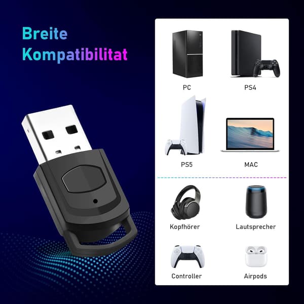 5.0 Bluetooth USB-ljudadapter för PS5/PS4/PC - Bluetooth-dongel, USB Bluetooth-adapter för PC med minimikrofon, Plug & Play