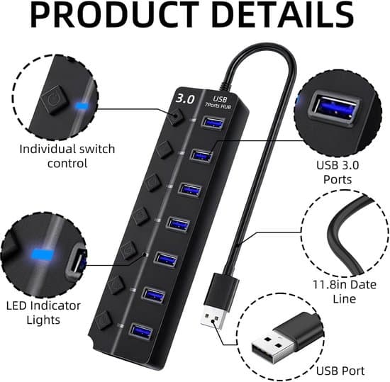 USB 3.0 Hub med 7 porte og 5 Gbps hastighed