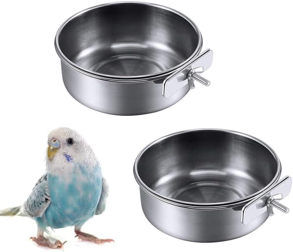 Fuglefoderautomater (2-delt sæt) - Foder- og vandskåle i rustfrit stål med clips - papegøjer - langhalede papegøjer - nymfeparakitter - conures - 2-delt