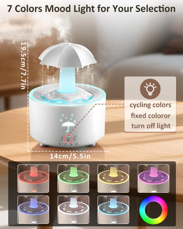 Luftfugter til soveværelset, 300 ml, aroma diffuser, regndråbemønster, 7 farver, LED, duftoliediffuser til kontor, soveværelse, bil, studie