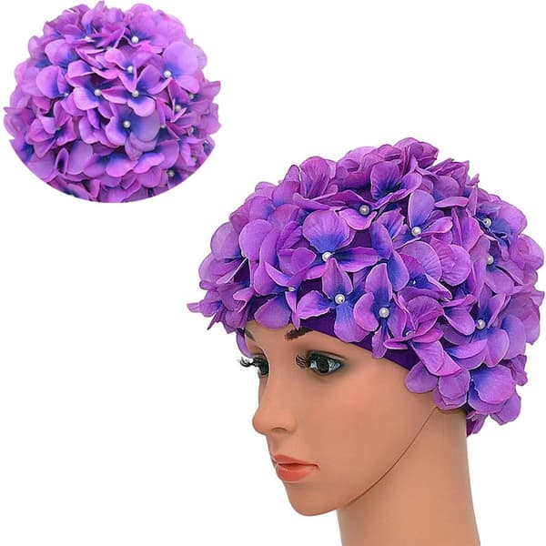 Blomstret badehætte - Blomstret mode damebadehætte - Retro badehætte med - 3D blomstret badehætte - Damebadehætte - Lilla