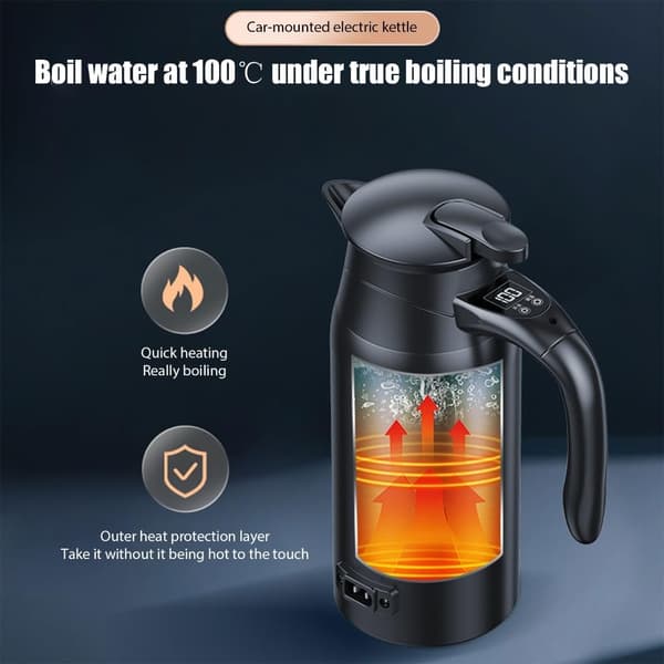 Bil Elkedel - 800ml - 304 Rustfrit Stål - Digitalt Display - Til Rejser og Camping