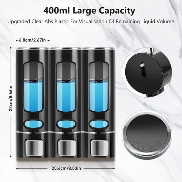 Sæt med 3 vægmonterede sæbedispensere - 400 ML - Sort - Sæbedispenser - Opvaskemiddeldispenser - Vaskdispenser - Sort - 400 M
