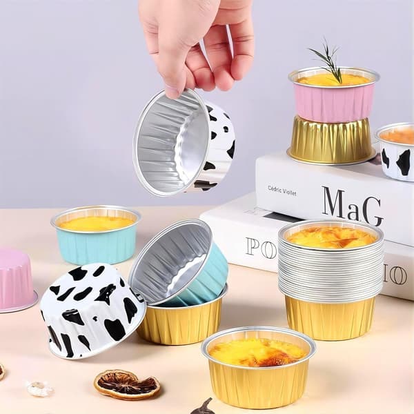 125 stk. runde mini brødforme med låg, mini kageforme med låg, engangs ramekiner, bageforme, muffinforme, cupcakeforme - Guld