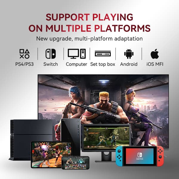 Spilcontroller, egnet til trådløse kampspilsplatforme som PS4/PS3/PC/Switch, Steam og TV-set-top-bokse, hvid og rød.