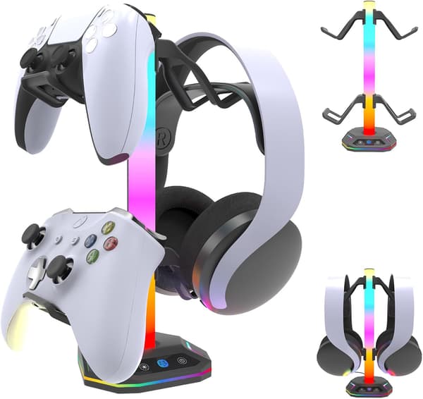 Controllerstander med 9 RGB-belysningstilstande, stander til headset og controller inklusive USB-C-opladerkabel, skrivebordstilbehør til gamere