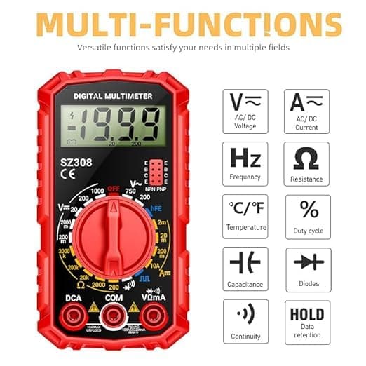 Digital multimeter - batterispänningstestare - kontinuitetstestare - ohm - volt - amperemeter - AC - DC spänning - resistansström - transistor