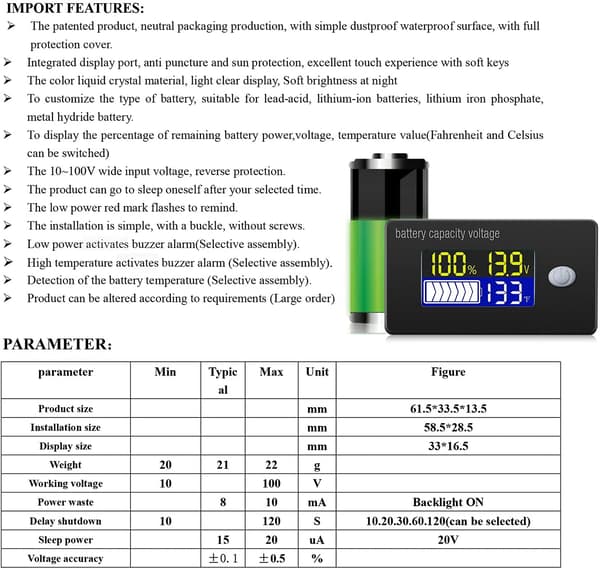 2 st 12V batterikapacitetsindikator LCD-display voltmeter temperaturtestare