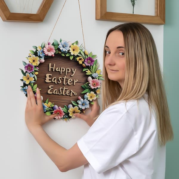 Påsk Välkomstskylt Trä - Blomsterkrans Design - Rustik Stil Dörr- & Väggdekoration