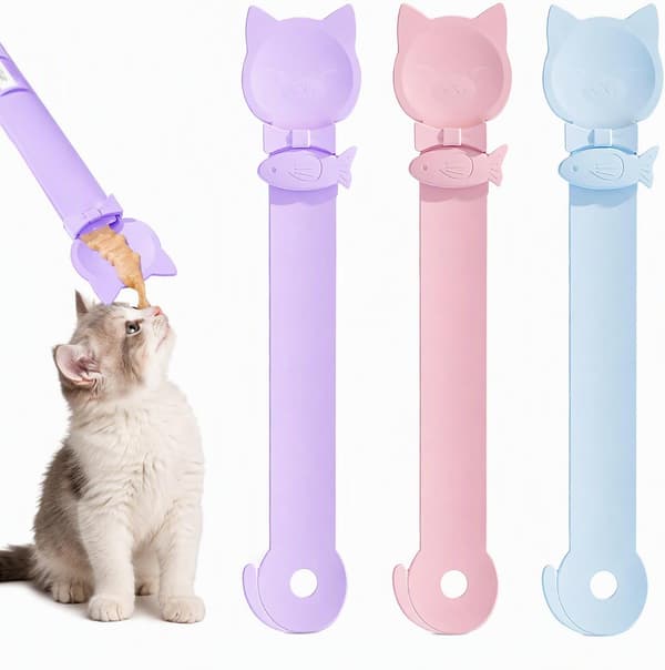 Klemme ske - kattefoder - kattegodbid dispenser - dåseåbner - multifunktionel kæledyrsske - måling af pasta - puré - og vådfoder - kattefoderklips