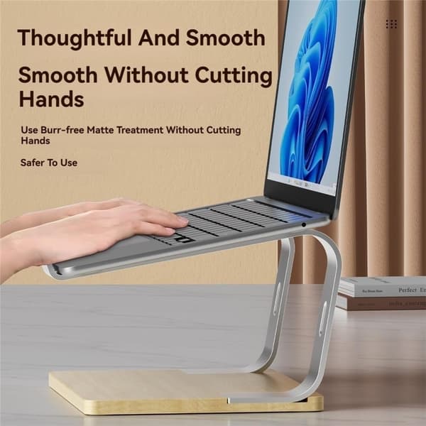Velegnet til bærbar computerstativ Ergonomisk aluminiums bærbar computerstativ med træbase Tilbehør til bærbar computer (sølv)