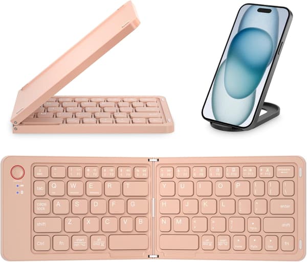 Mini vikbart Bluetooth-tangentbord – bärbart, Mac, iPad, Android, Windows och iOS (rosa), ultratunt aluminium, resevänligt för iPhone