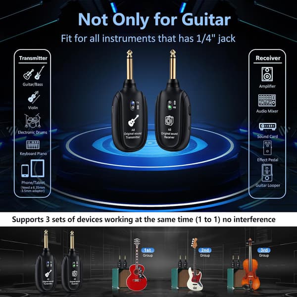 A8 Trådlöst Gitarrsystem UHF 2 Lägen - Uppladdningsbart Litiumbatteri - Räckvidd 30m - Plug & Play För Gitarr - Bas - Fiol - Keyboard - Svart