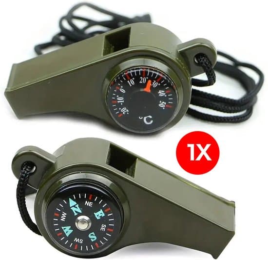 3-i-1 Nödflöjt - 2 stycken - med kompass & termometer - 150dB - plast