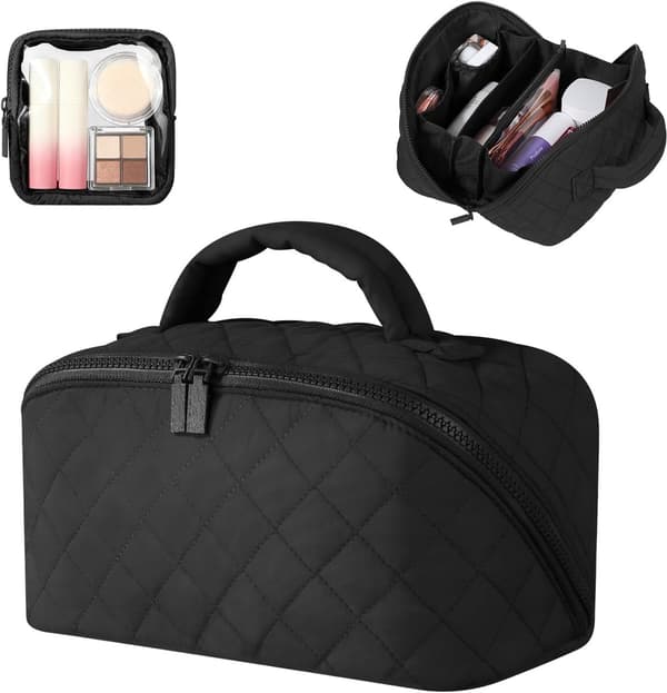 Kvinders makeuptaske - 180° flad - Stor - Vandtæt PU-læder - Sort