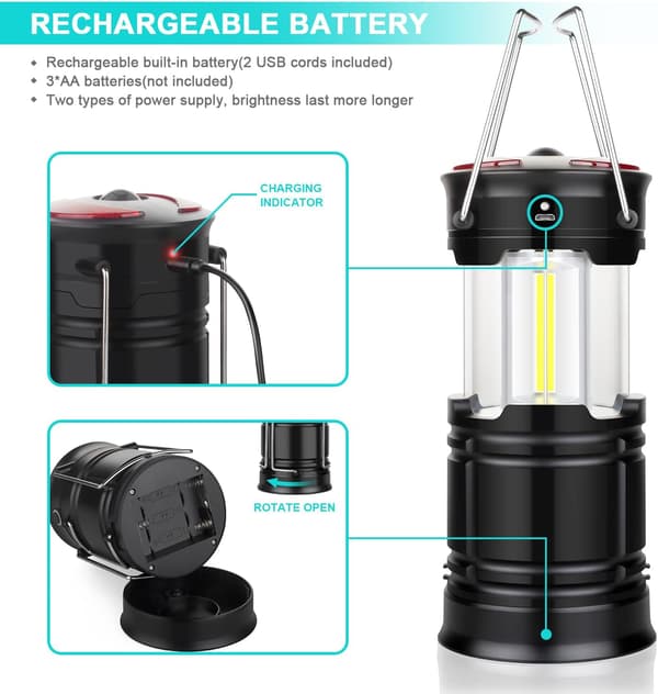 2 delar 2-i-1 LED Campinglyktor - USB & Batteri - Magnetisk Bas - för Camping Nödbelysning