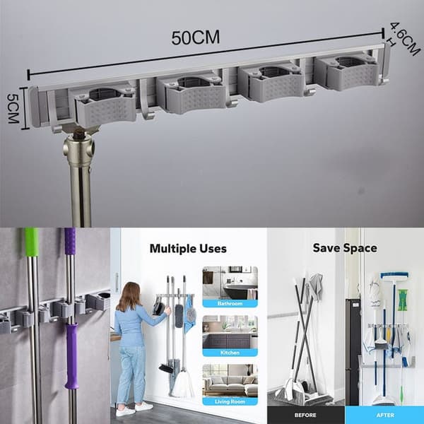 2-delt fire-krogs aluminium kosteholder vægmontering, kosteholder, moppeholder vægmontering sort + sølv