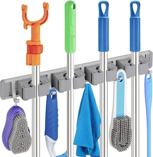 2-delt fire-krogs aluminium kosteholder vægmontering, kosteholder, moppeholder vægmontering sort + sølv