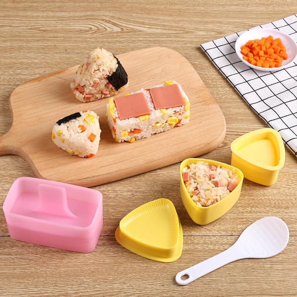 3-delt sæt til risboller og sushi — sushiform — onigiri-maskine — Forme til risboller — Ideel til hjemmebrug — PP-materiale — Gul/Pink