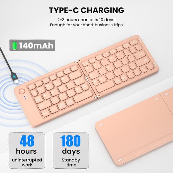 Mini vikbart Bluetooth-tangentbord – bärbart, Mac, iPad, Android, Windows och iOS (rosa), ultratunt aluminium, resevänligt för iPhone