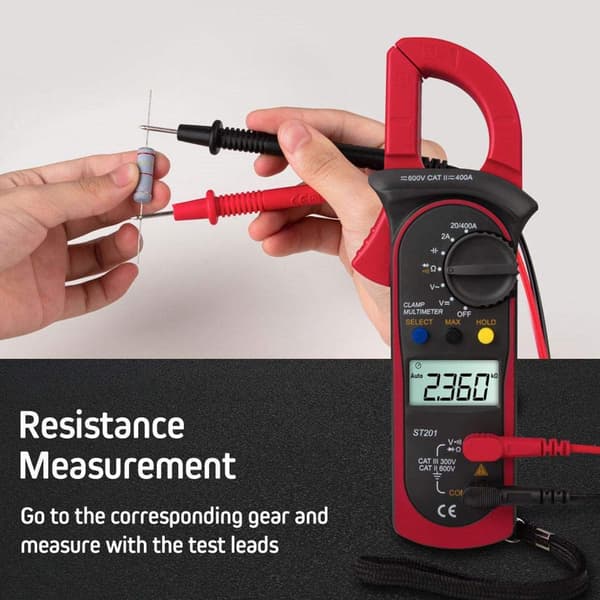 Digital AC/DC Tangamperemeter, 2-400A Professionel Multimeter ST201, Måler Strøm/Spænding/Modstand/Diode/Kapacitet, Professionelt Tangamperemeter