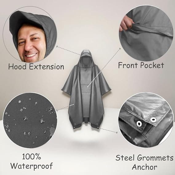 Voksen - Hætte Regnponcho, Plus Size – Grå – Til Camping, Vandring og Udendørsbrug