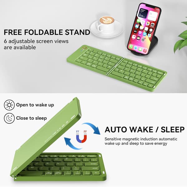 Mini hopfällbart Bluetooth-tangentbord – bärbart, Mac, iPad, Android, Windows och iOS (grönt), ultratunt aluminium, resevänligt för iPhone