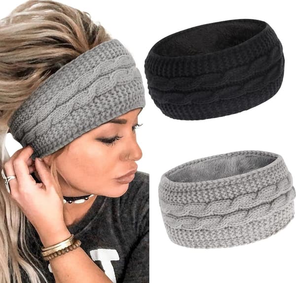 Pannband - 2-pack Vinterstickade Pannband - Damhår - Brett Stickat Öronmudd - Sammet Fleece Foder - Svart - 19*14cm - 2-pack