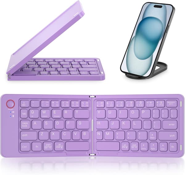 Mini vikbart Bluetooth-tangentbord – bärbart, Mac, iPad, Android, Windows och iOS (lila), ultratunt aluminium, resevänligt för iPhone
