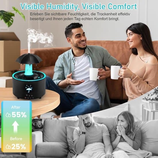 Luftfugter - Aroma Diffuser - Paraply Luftfugter - Roterende Paraply Dråbe Luftfugter - Aromaterapi Diffuser med 7 - Sort - 300 ml