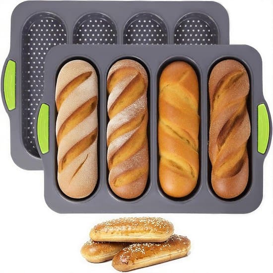2× brødbageform - silikonebrødform - med 4 fordybninger - non-stick form til franskbrød - brødforme - silikonebageforme - grå