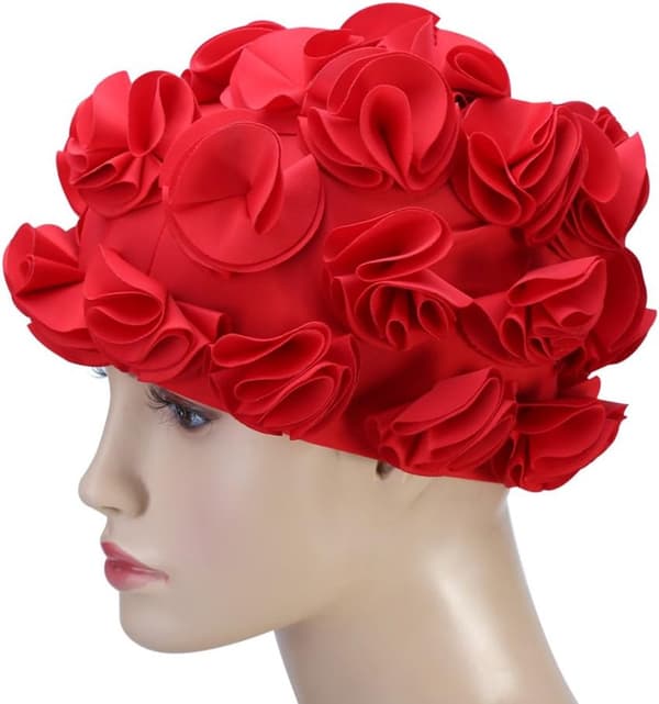 Badehætte - Blomstret Badehætte - Polyester - Unisex - Mode Dame Badehætte - Retro Badehætte med - 3D Blomstret Badehætte - Rød - 22*18cm