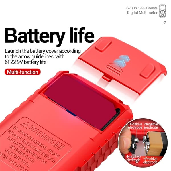 Digitalt multimeter - batterispændingstester - gennemgangstester - ohm - volt - amperemeter - AC - DC spænding - modstandsstrøm - transistor