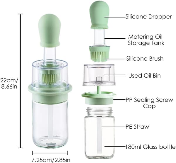 180ML Oljedispenser med Borste - Olivoljedispenser med förlängd silikonborste - borsta olja under matlagning - 2-i-1 180ML