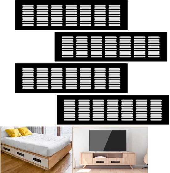 4 stk. - Ventilationsrist, indvendig ventilationshætte, rektangulær ventilationsrist til skabe og skoskabe 80x300mm (sort)