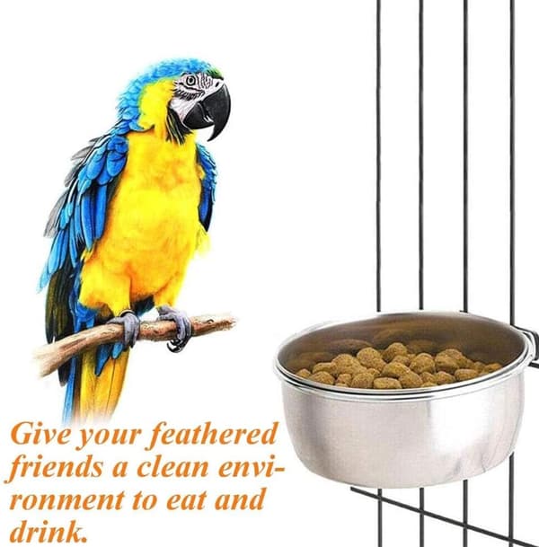 Fuglefoderautomater (2-delt sæt) - Foder- og vandskåle i rustfrit stål med clips - papegøjer - langhalede papegøjer - nymfeparakitter - conures - 2-delt