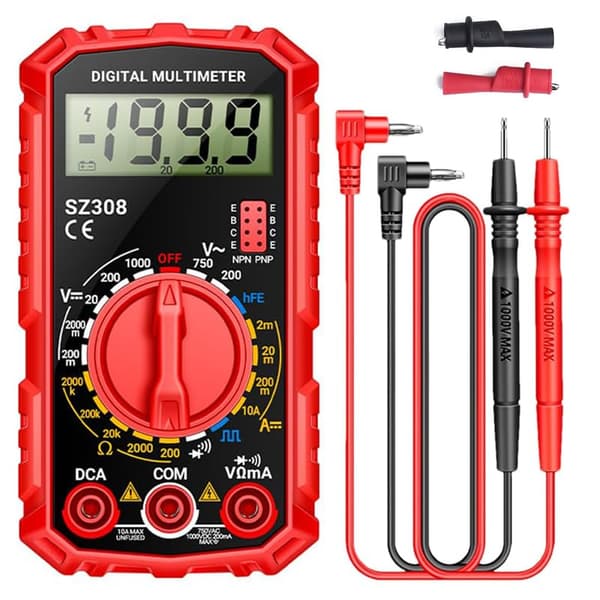 Digitalt multimeter - batterispændingstester - gennemgangstester - ohm - volt - amperemeter - AC - DC spænding - modstandsstrøm - transistor
