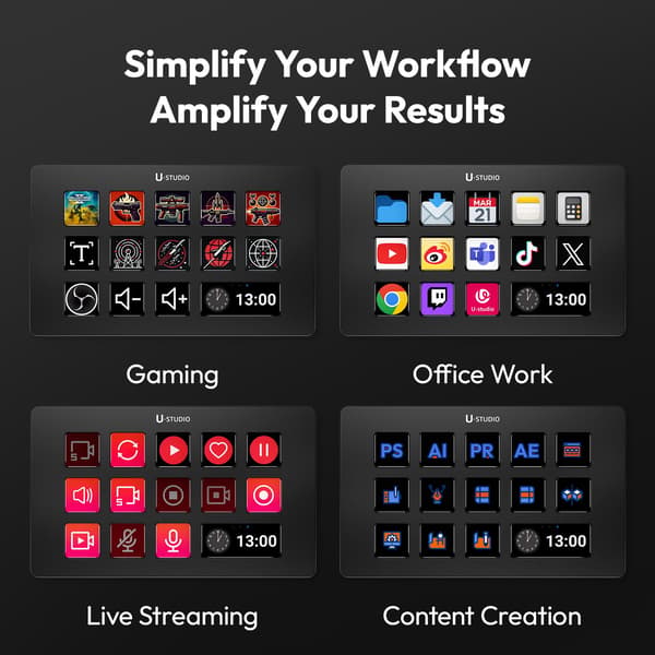 D200 Studio Controller med 13 LCD-knappar, U-Studio-appar och programvara för kontor, innehållsskapare, spel, livestreaming