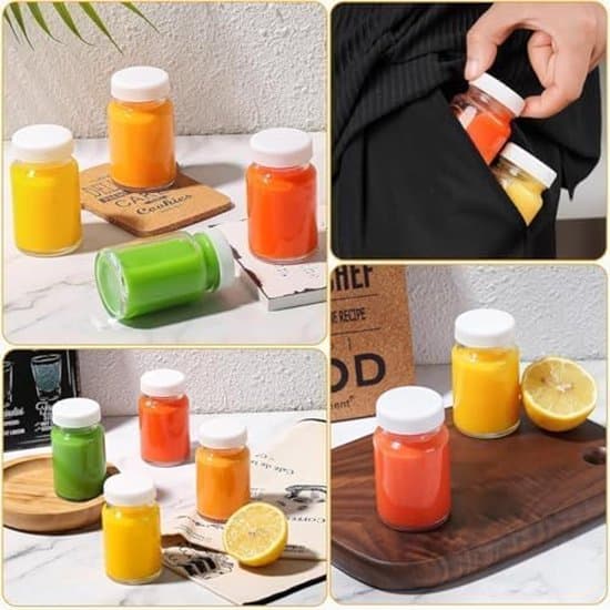 Ingefärsshotsflaskor - 12-pack Juiceflaskor - 100 ml - Återanvändbara PET-juiceflaskor - Plastflaskor med lock - juice - Vit - 100 ml - 12-pack