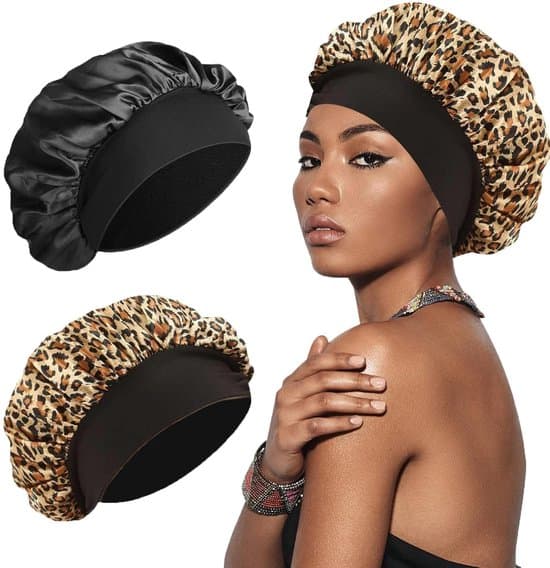 Sovehætte, hårnet, blød og behagelig sovehætte i satin, hårplejehætte, vaskehætte, badehætte, sort + leopardprint
