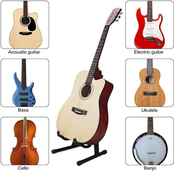 Gitarrställ, hopfällbart, universellt A-modell, justerbart, akustisk gitarr, klassisk gitarr, elgitarr, basgitarr, ukulele och fiol.