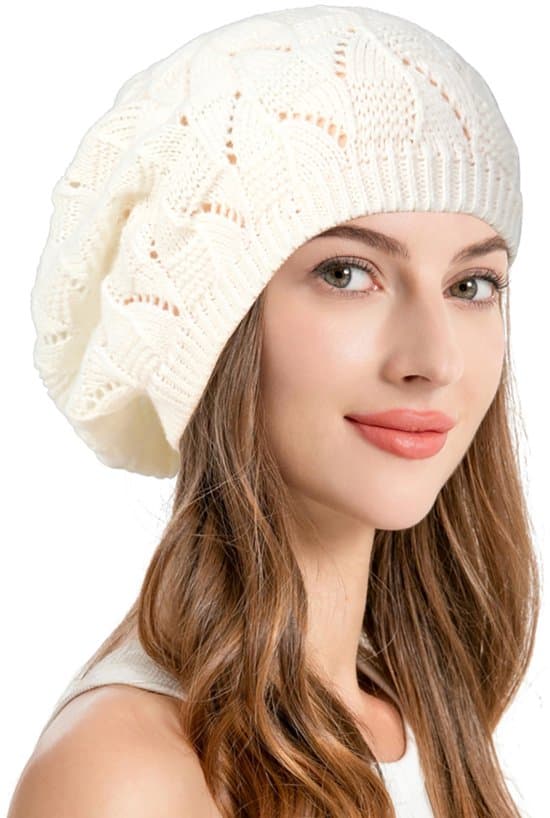 Klassisk fransk baret til damer, elegant efterårs-/vinterhat, omkreds 58 cm. Hvid