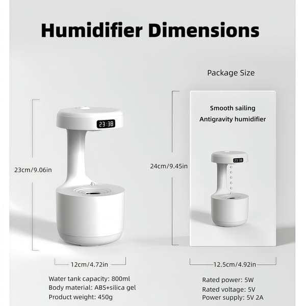 Digital anti-tyngdekraft luftfugter med LED-display, hvid