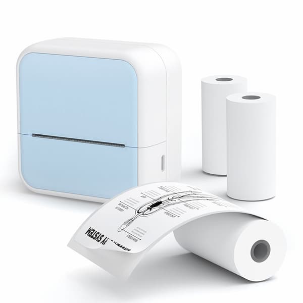 Lommeprinter til iPhone/Android, termisk printer med 5 ruller ikke-klæbende papir, Bluetooth til noter, notater og fotostudier, blå