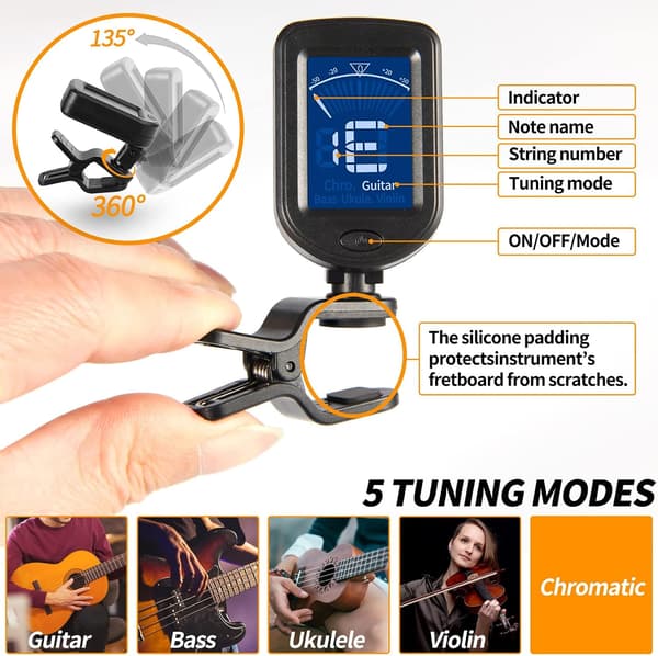 Clip-On Gitarrstämmare - Ukulele Stämmare 1-pack - Gitarr - Bas - Ukulele - Violin - Banjo