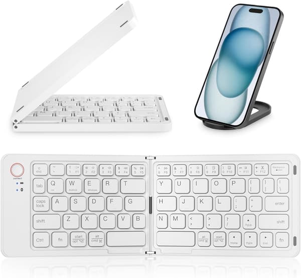 Mini hopfällbart Bluetooth-tangentbord – bärbart, Mac, iPad, Android, Windows och iOS (vitt), ultratunt aluminium, resevänligt för iPhone
