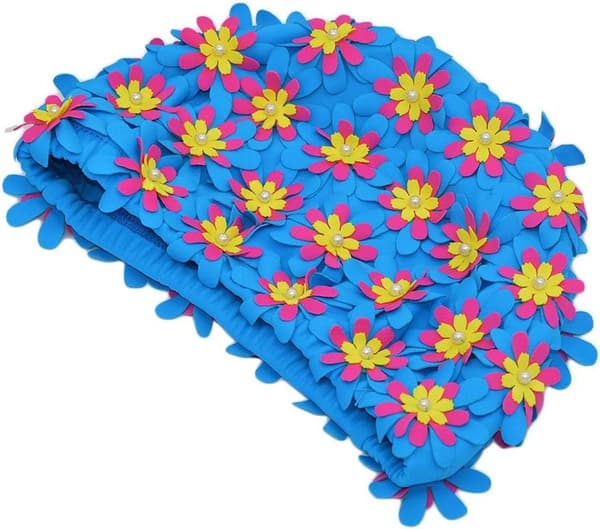 Badehætter - Damebadehætte - 1 stk. blå - Til swimmingpools, strande - Blomstret badehætte - Elastisk badehætte - Velegnet til langt hår, kort hår